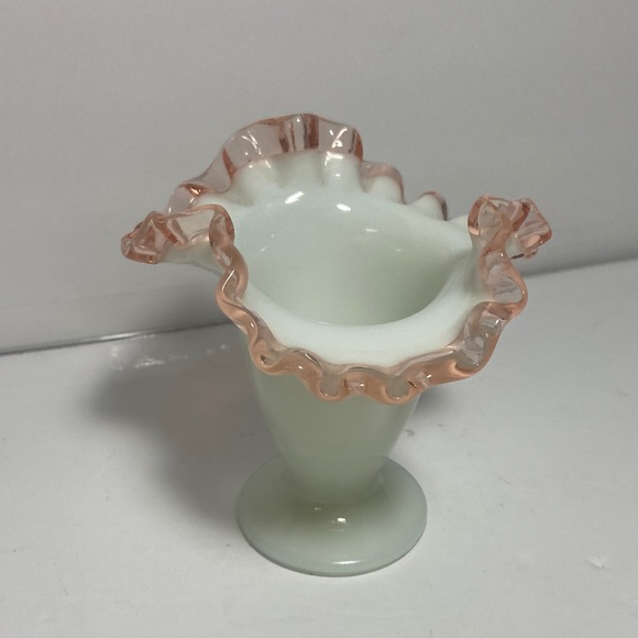 vintage Fenton Rose Crest milk glass vase with a pink...